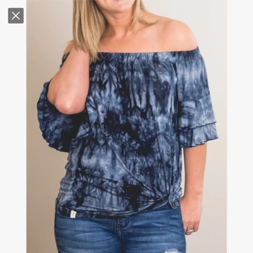 Simply Southern Off-Shoulder Blue Tye-Dye Ruffled Sleeve Top, Size S